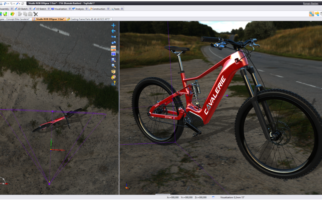 Un vélo de route est modélisé en 3D dans l'environnement TopSolid.